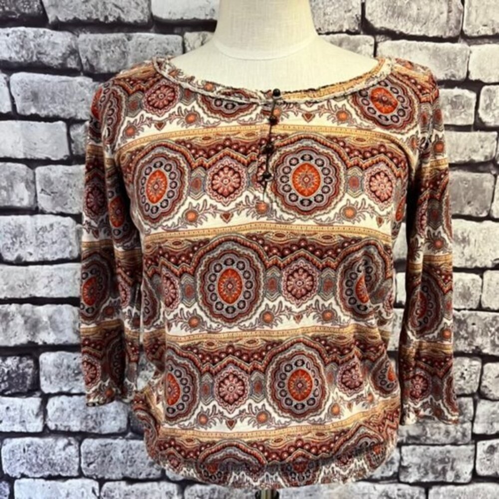 Lucky Brand White, Red & Yellow 3/4 Sleeve Blouse Size Small